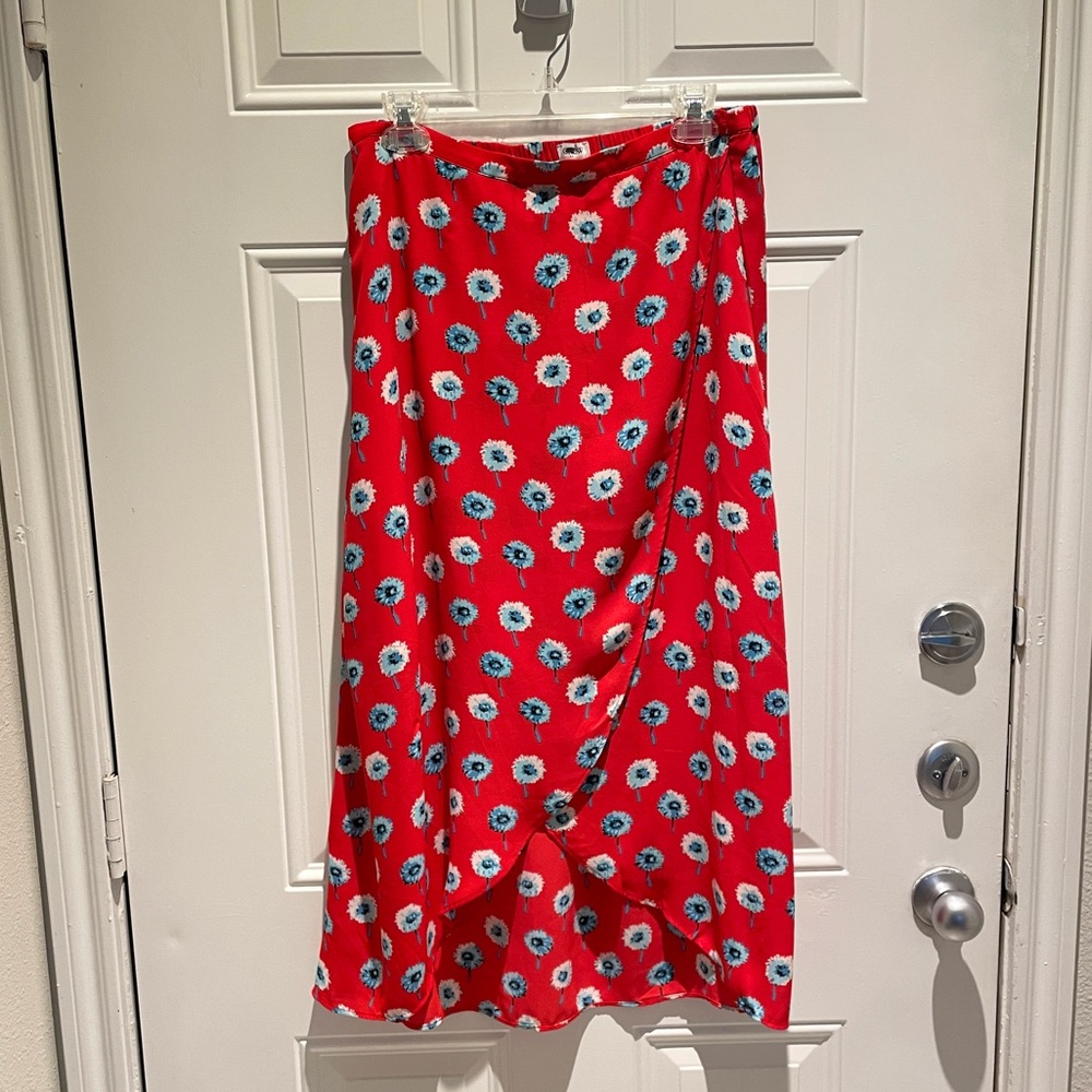 J. Crew Factory Daisy Red Blue Split Criss-Cross Slip Midi Skirt Size Small